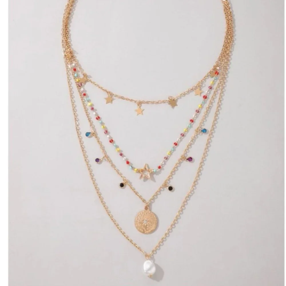 Gold Layered Star & Coin Pendant Necklace with Colored Bead Accents